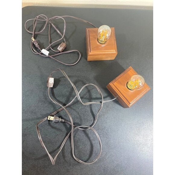 Pair of Minimalist Cube Square Wooden Block Desk Table Lamp 2 MCM WORKING - Picture 1 of 8